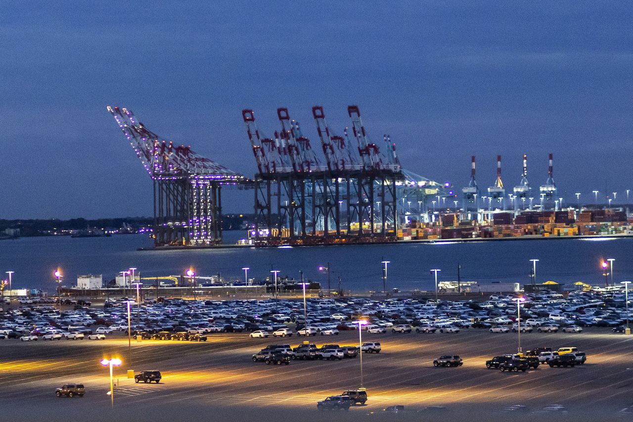 Cranes and shipping containers are seen at Port Newark during a port strike, on Tuesday, October 1 in Bayonne, New Jersey.