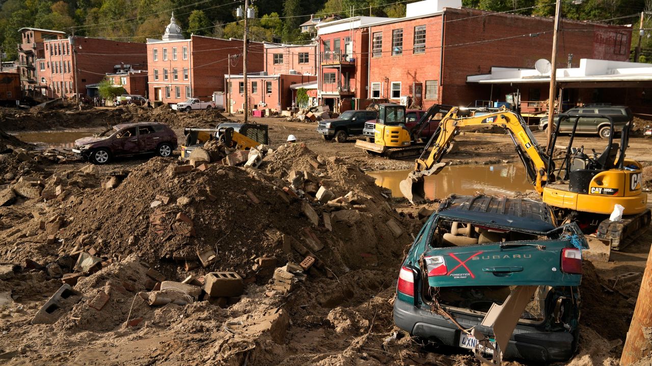 Debris left in the aftermath of Hurricane Helene fills the street on October 1 in Marshall, North Carolina.