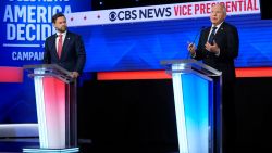 Republican vice presidential nominee Sen. JD Vance, R-Ohio, and Democratic vice presidential nominee Minnesota Gov. Tim Walz participate in vice presidential debate hosted by CBS News Tuesday, Oct. 1, 2024, in New York. (AP Photo/Matt Rourke)