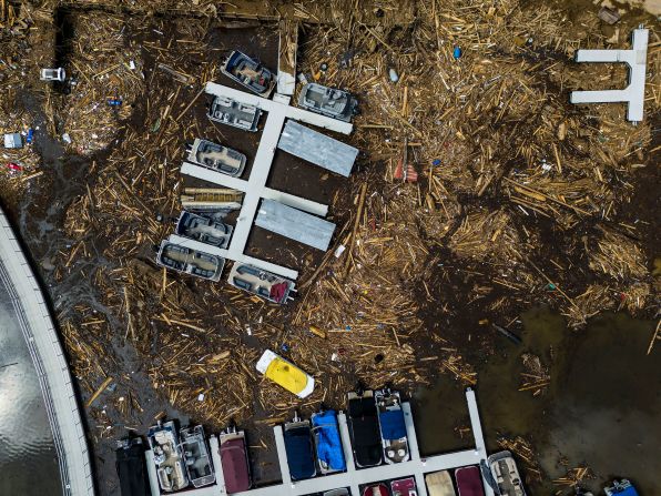 A marina is filled with debris in Lake Lure on Wednesday.