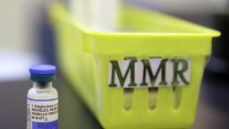 FILE - A vial of a measles, mumps and rubella vaccine sits on a countertop at a pediatrics clinic in Greenbrae, Calif., on Feb. 6, 2015. (AP Photo/Eric Risberg, File)