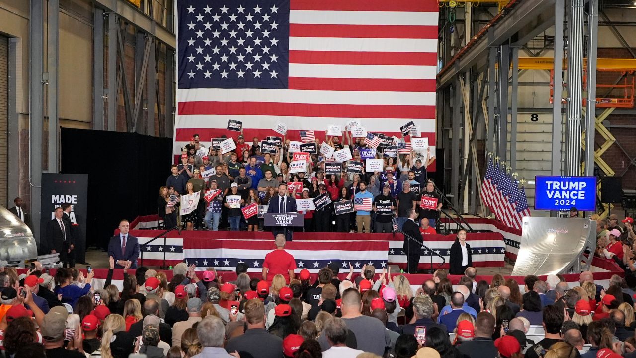 JD Vance speaks at a campaign event in Auburn Hills, Michigan, on October 2.