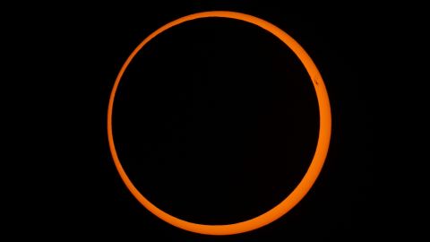 The moon moves across the sun during an annular solar eclipse in Tahai, Rapa Nui, or Easter Island, Chile, Wednesday, Oct. 2, 2024. (AP Photo/Esteban Felix)