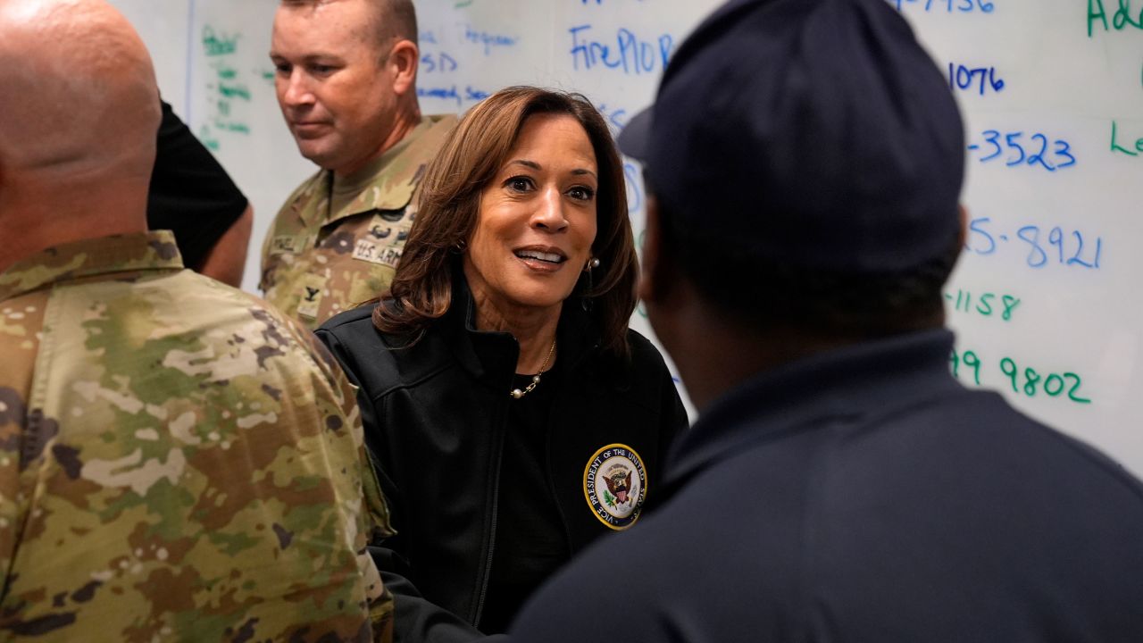 Vice President Kamala Harris greets people before a briefing at the Augusta Emergency Operations Center in Augusta, Georgia, on Wednesday.