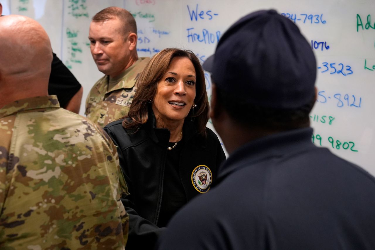 Vice President Kamala Harris greets people before a briefing at the Augusta Emergency Operations Center in Augusta, Georgia, on Wednesday.