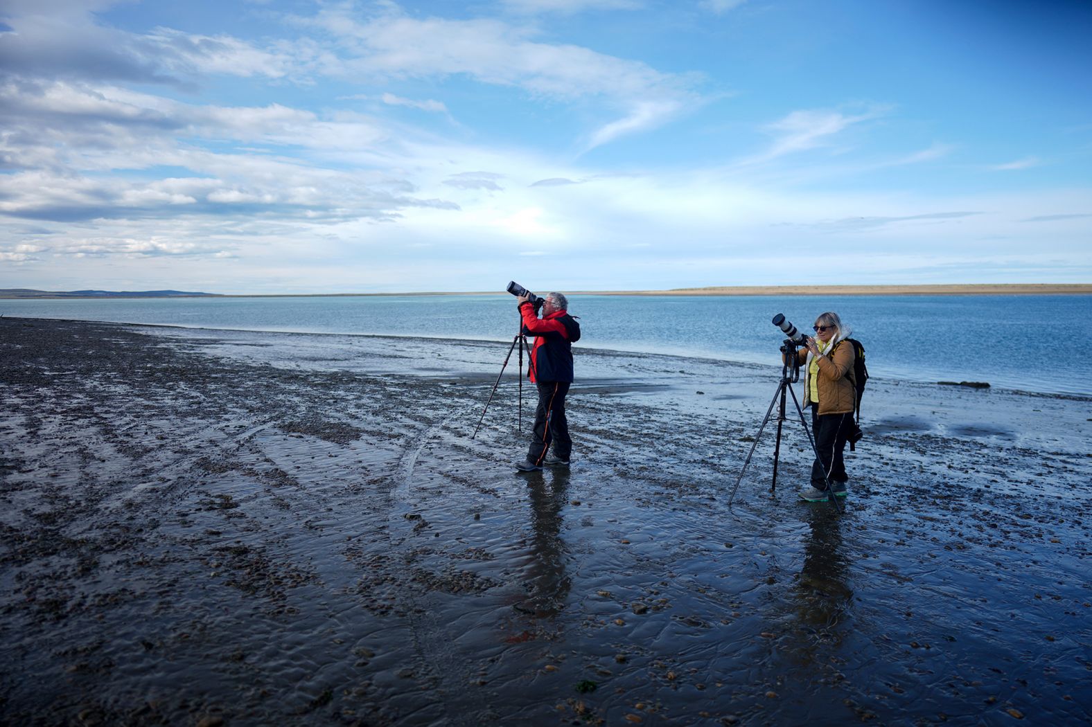 Photographers set up their cameras in Puerto San Julián.