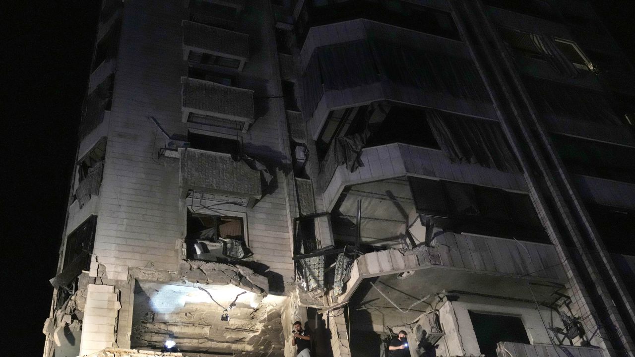 An apartment building hit by an airstrike is seen, in Beirut, Lebanon, on Thursday, October 3.