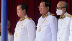 FILE - Cambodian Prime Minister Hun Manet, centre left, stands next to his father and former prime minister Hun Sen, center right, during the country's 70th Independence Day, in Phnom Penh, Cambodia, Thursday, Nov. 9, 2023. (AP Photo/Heng Sinith), File)