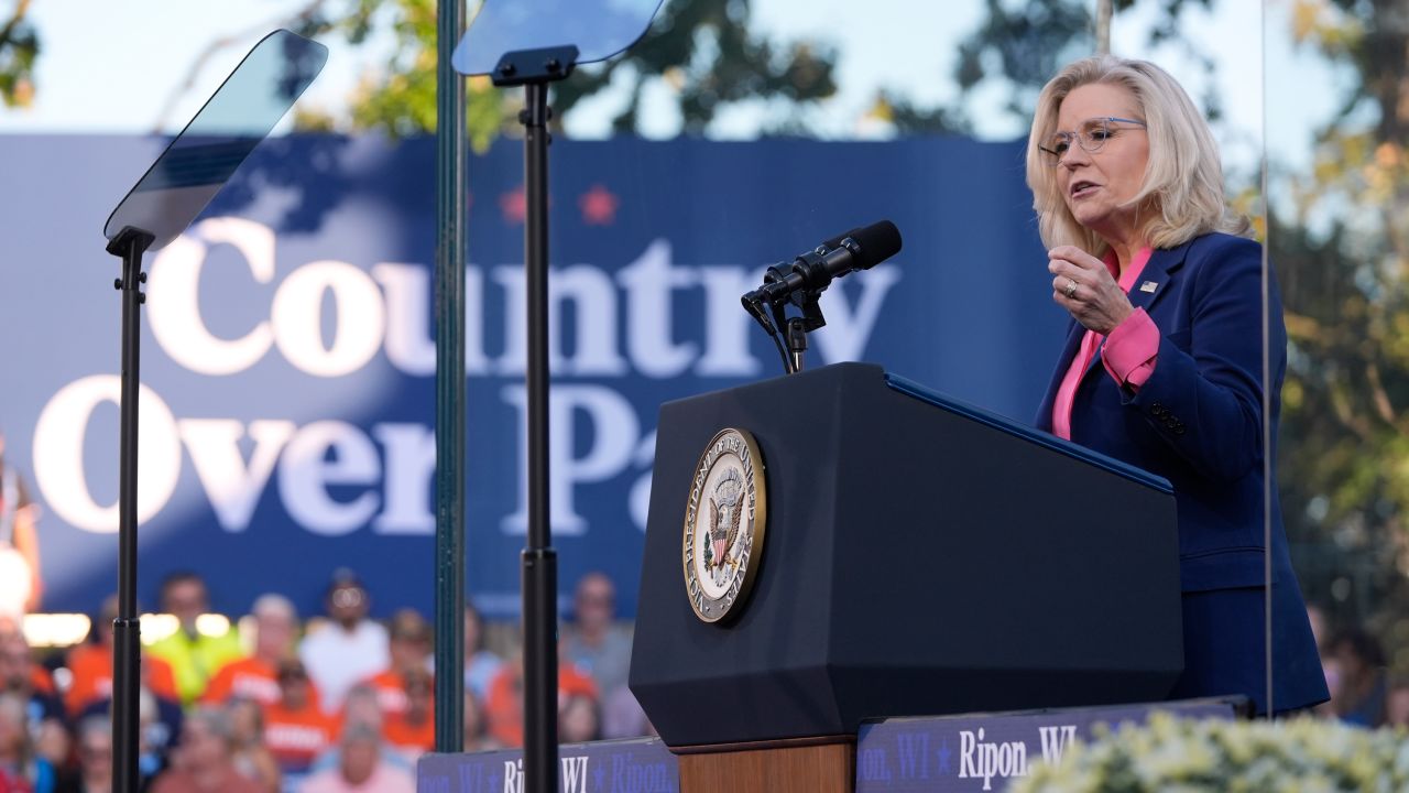 Liz Cheney, speaks at a campaign event for Democratic presidential nominee Vice President Kamala Harris at Ripon College in Ripon, Wisconsin, on October 3.