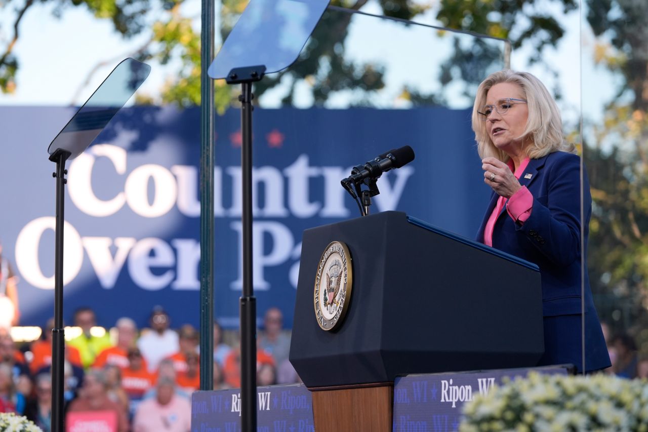 Liz Cheney, speaks at a campaign event for Democratic presidential nominee Vice President Kamala Harris at Ripon College in Ripon, Wisconsin, on October 3.