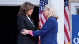 Vice President Kamala Harris is greeted by Republican former Rep. Liz Cheney during a campaign event at Ripon College in Ripon, Wisconsin on October 3, 2024.