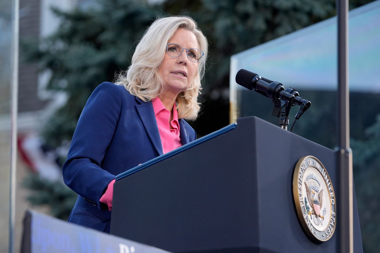 Former Congresswoman Liz Cheney speaks at a campaign event for Kamala Harris in Ripon, Wisconsin, on October 3.