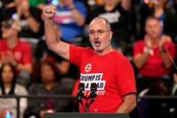 United Auto Workers President Shawn Fain speaks at a campaign rally for Harris in Flint on October 4, 2024.