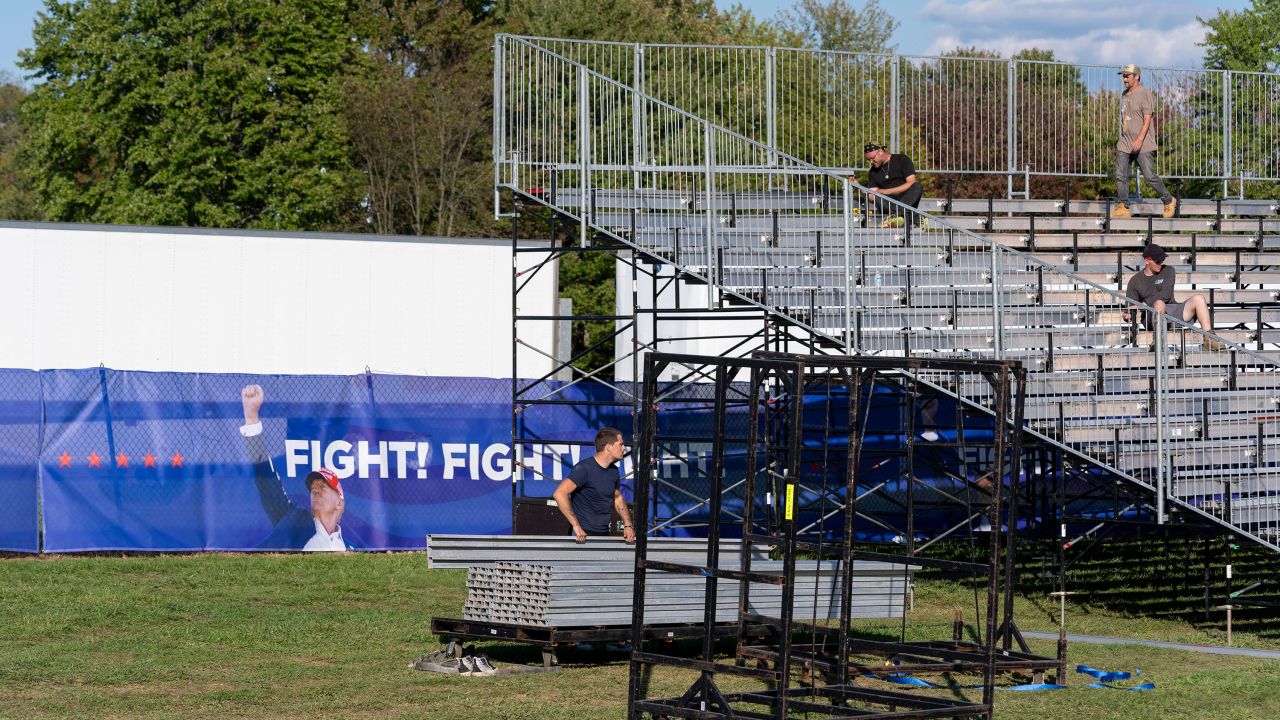 Bleachers are set up ahead of a campaign rally for Republican presidential nominee former President Donald Trump at the Butler Farm Show on October 4, 2024, in Butler, Pennsylvania.