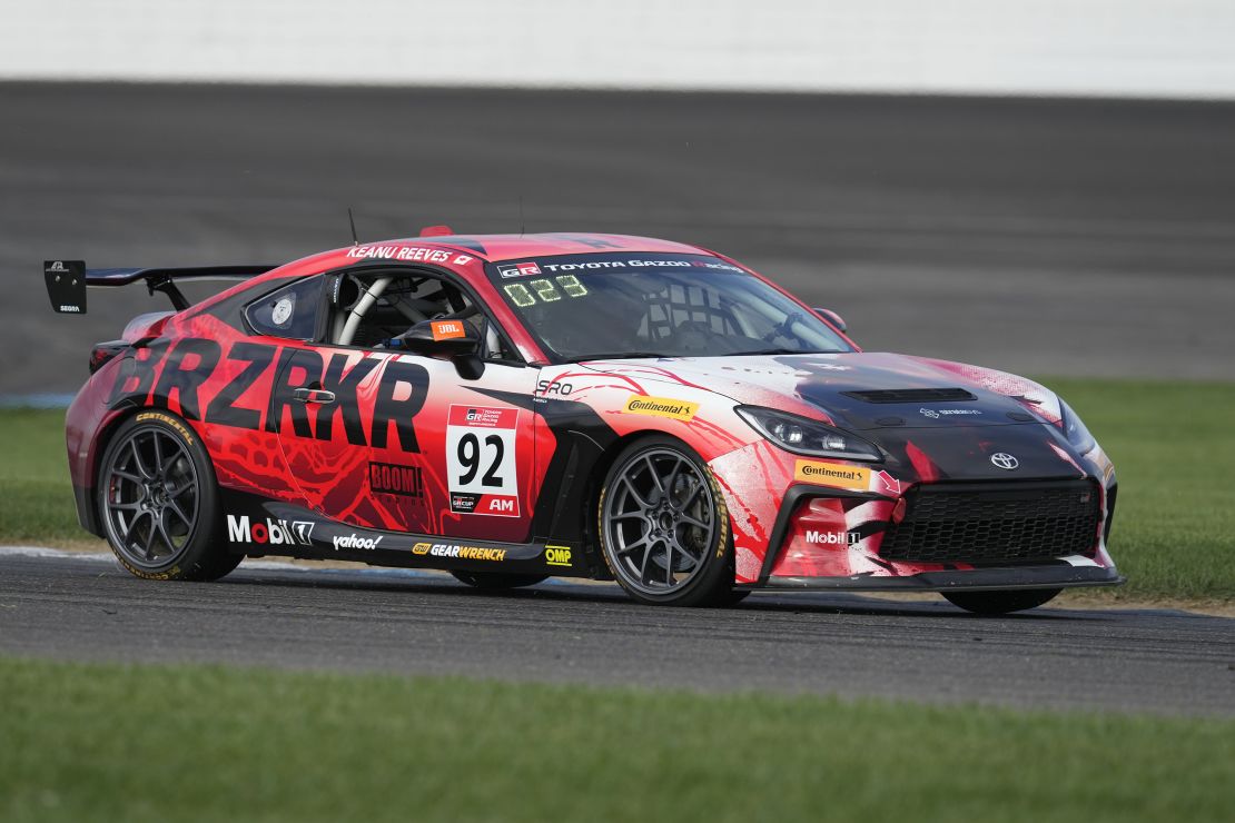 Keanu Reeves driving the No. 92 BRZRKR car during the Toyota GR Cup Series at the Indianapolis Motor Speedway.