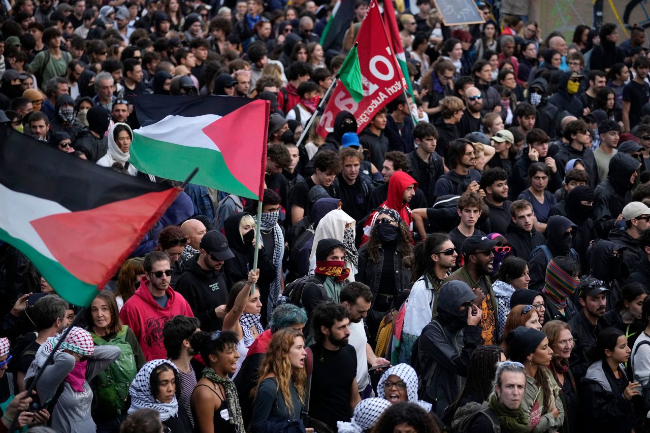 People attend at a pro-Palestinian protest in Rome on Saturday.