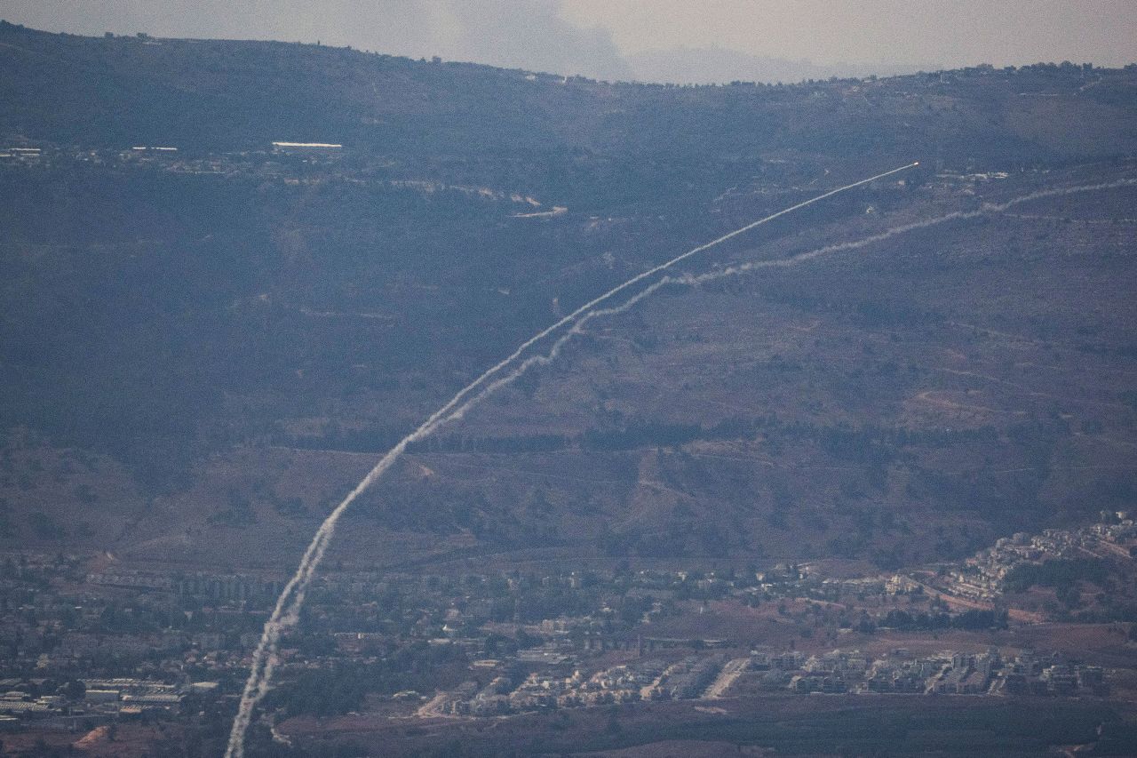 Israel's Iron Dome air defense system fires to intercept rockets that were launched from Lebanon on Sunday.