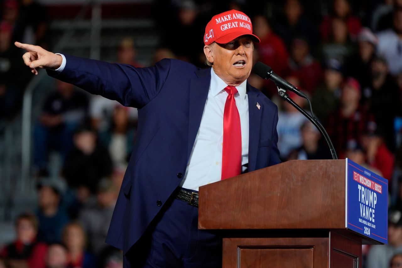 Former President Donald Trump speaks at a campaign rally in Juneau, Wisconsin, on October 6.