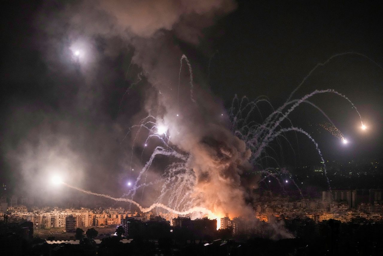 Flames and smoke rise from an Israeli airstrike in Dahiyeh, Beirut, Lebanon, on October 7.