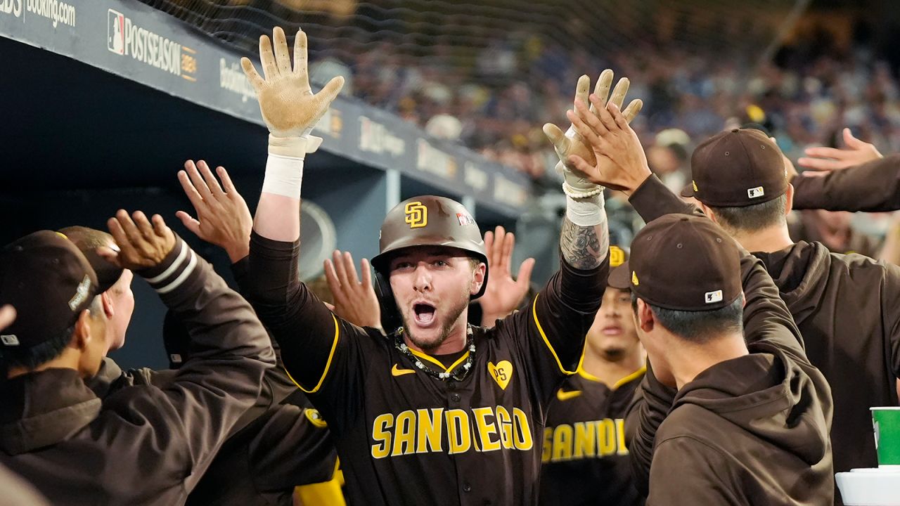 San Diego Padres' Jackson Merrill, middle, celebrates in the dugout with teammates after his two-run home run during the eighth inning in Game 2 of a baseball NL Division Series against the Los Angeles Dodgers, Sunday, Oct. 6, 2024, in Los Angeles.