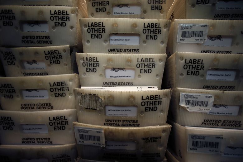Processed mail-in ballots are seen at the Bucks County Board of Elections in Doylestown, Pennsylvania, on May 27, 2020.