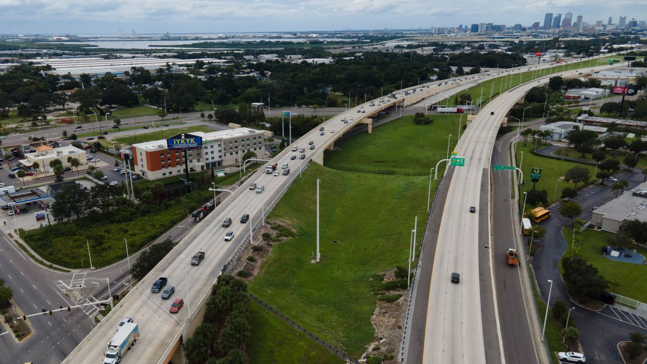 Traffic flows eastbound, left lanes, along Interstate 4 as residents continue to follow evacuation orders ahead of Hurricane Milton on Tuesday.