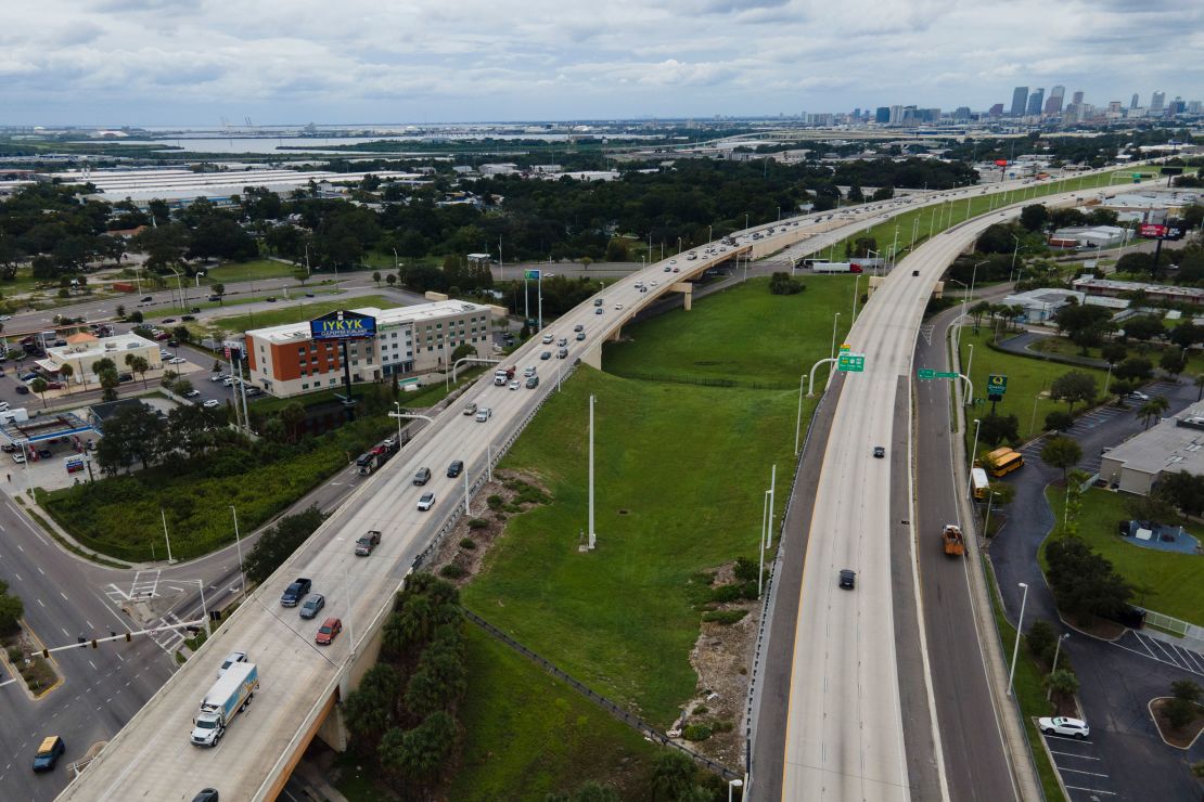 Traffic flows east along Interstate 4 on Tuesday as residents continue to follow evacuation orders ahead of Hurricane Milton.