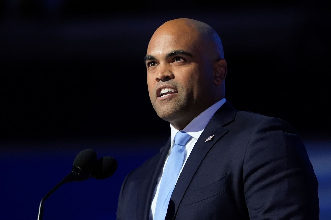 Texas Democratic Senate candidate Colin Allred speaks at the Democratic National Convention in Chicago on August 22.