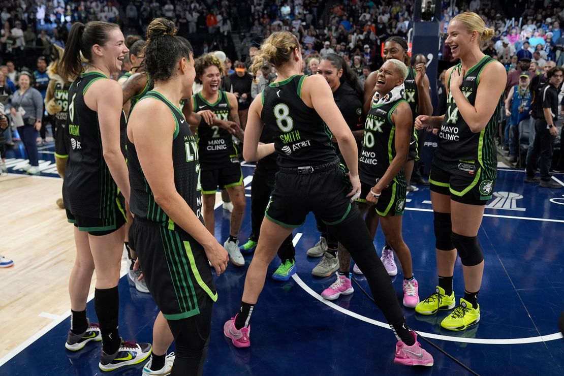 Minnesota Lynx players celebrate after advancing to the WNBA Finals.