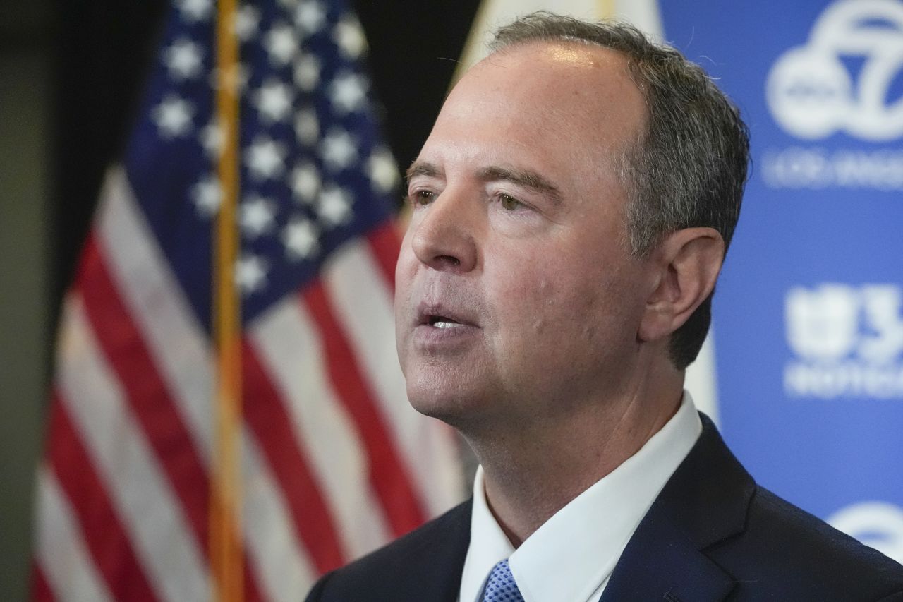 Rep. Adam Schiff talks to the media on October 8, in Glendale, California.