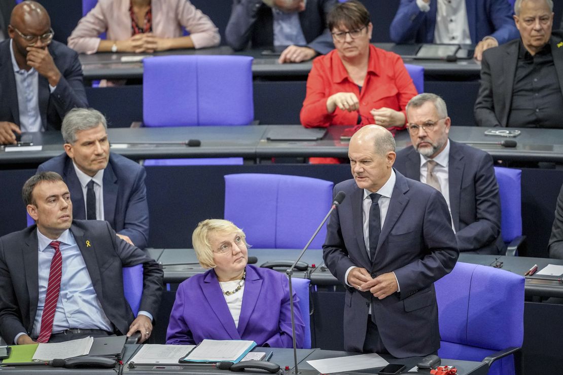 federal chancellor olaf scholz (spd) speaks in the bundestag as a member of parliament on october 10, 2024.