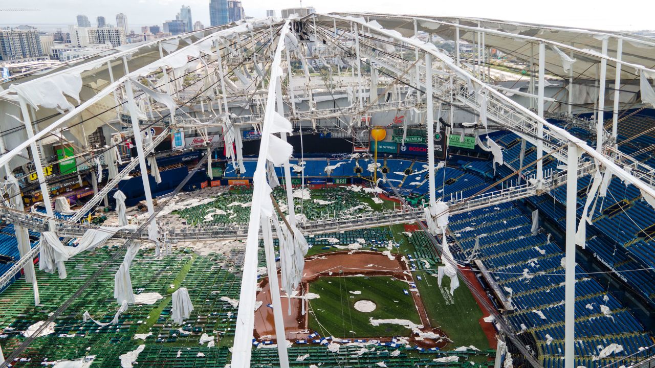 Storm damage to Tropicana Field is seen on Thursday in St. Petersburg, Florida.