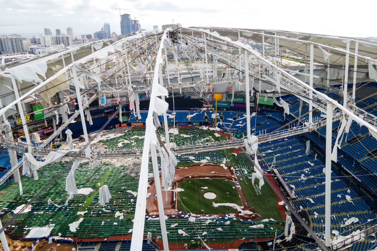 Storm damage to Tropicana Field is seen on Thursday in St. Petersburg, Florida.