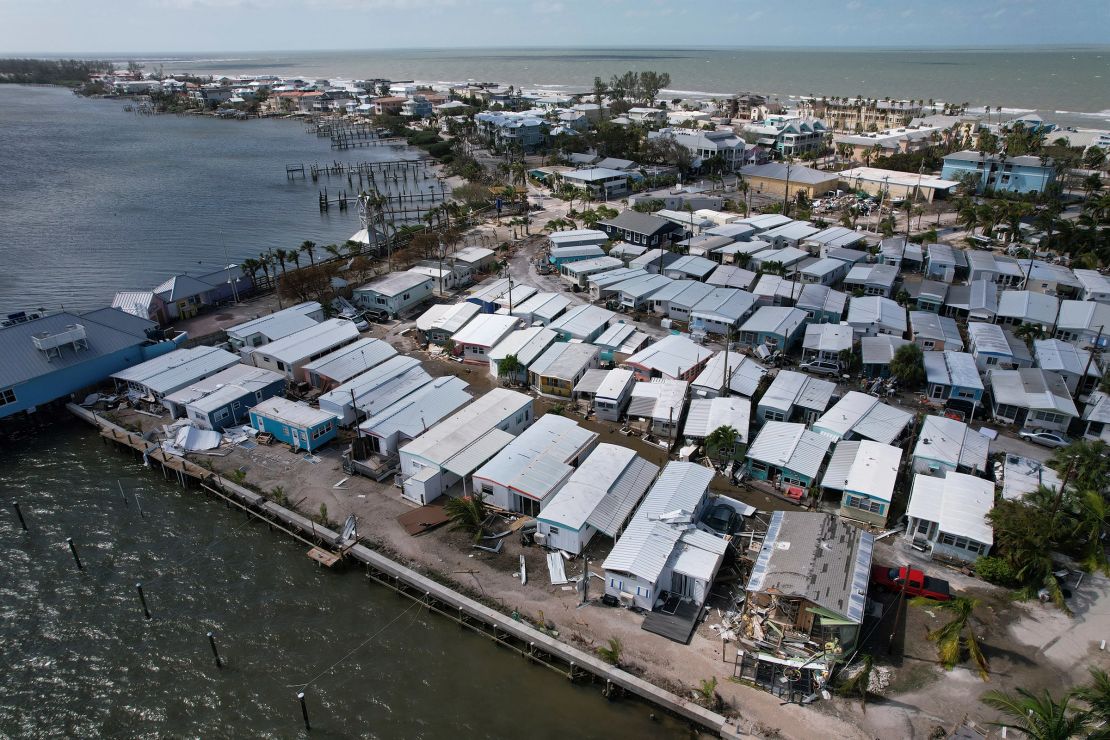 Mobile homes damaged by Hurricane Milton, at Pines Trailer Park in Bradenton Beach on Anna Maria Island, Florida, are seen on October 10, 2024.