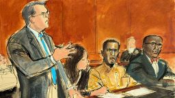 In this courtroom sketch, Sean "Diddy" Combs defense attorney Marc Agnifilo, left, addresses the judge while Combs, seated second from right, watches in Federal court, in New York, Thursday, Oct. 10, 2024. Combs' new defense attorney, Anthony Ricco is seated far right.