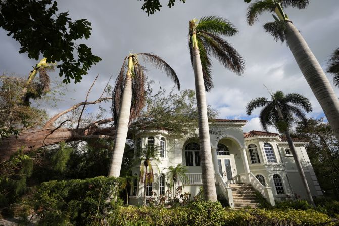 A tree toppled by the storm lies atop a home in Siesta Key, Florida, on Thursday.