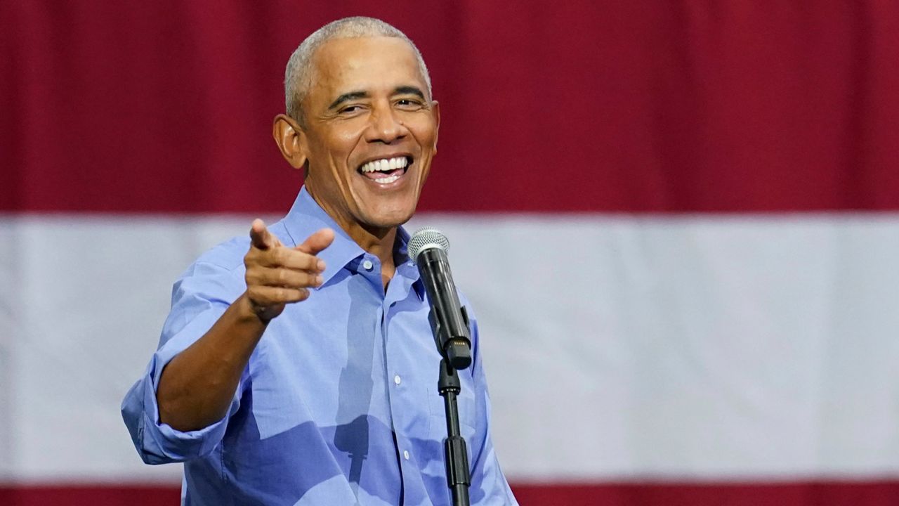 Former President Barack Obama speaks during a campaign rally supporting Democratic presidential nominee Vice President Kamala Harris at the University of Pittsburgh's Fitzgerald Field House in Pittsburgh, Pennsylvania, on October 10, 2024.