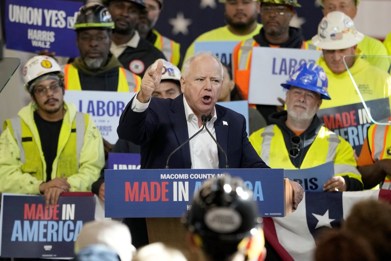 Minnesota Gov. Tim Walz speaks in Warren, Michigan, on Friday.