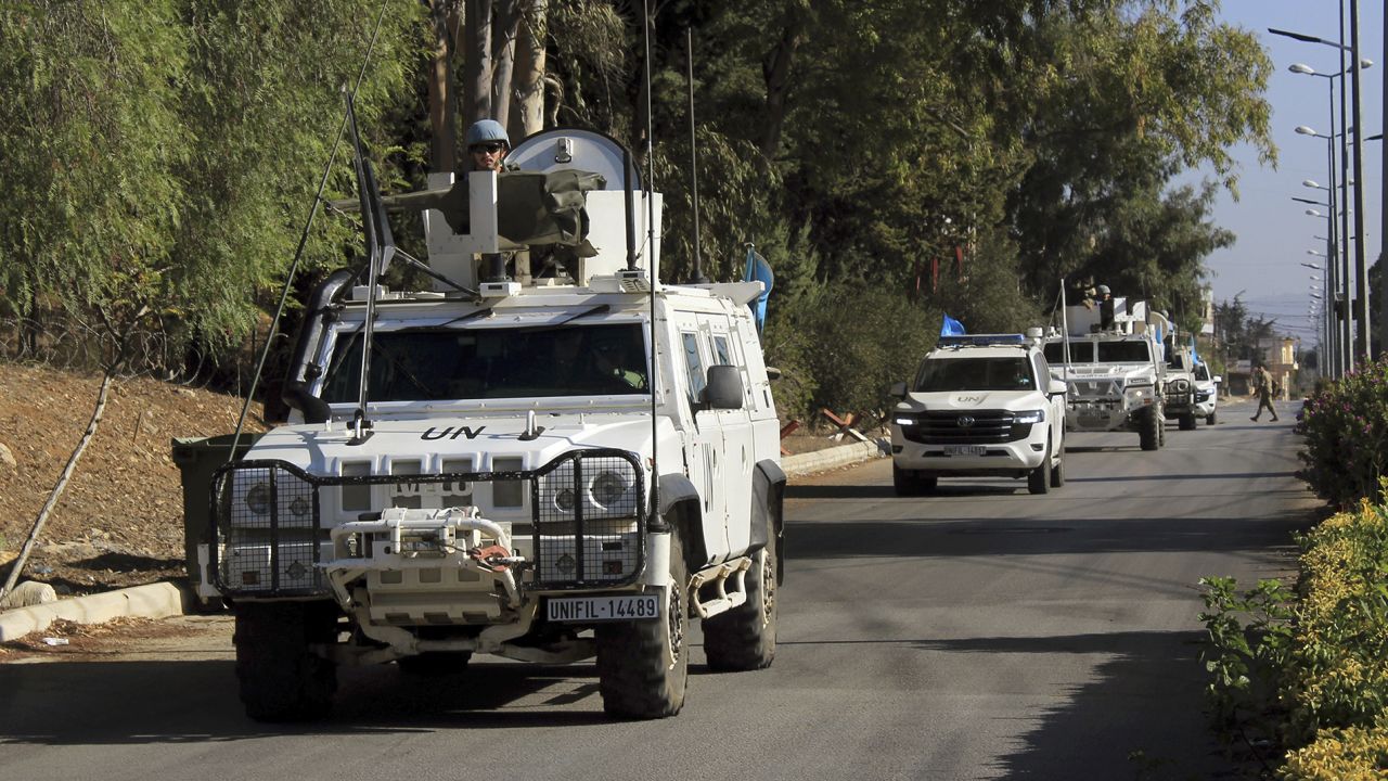 United Nations Interim Force In Lebanon (UNIFIL) peacekeeping forces from the Spanish contingent conduct an early morning patrol in the southern Lebanese village of Qliyaa on October 11.