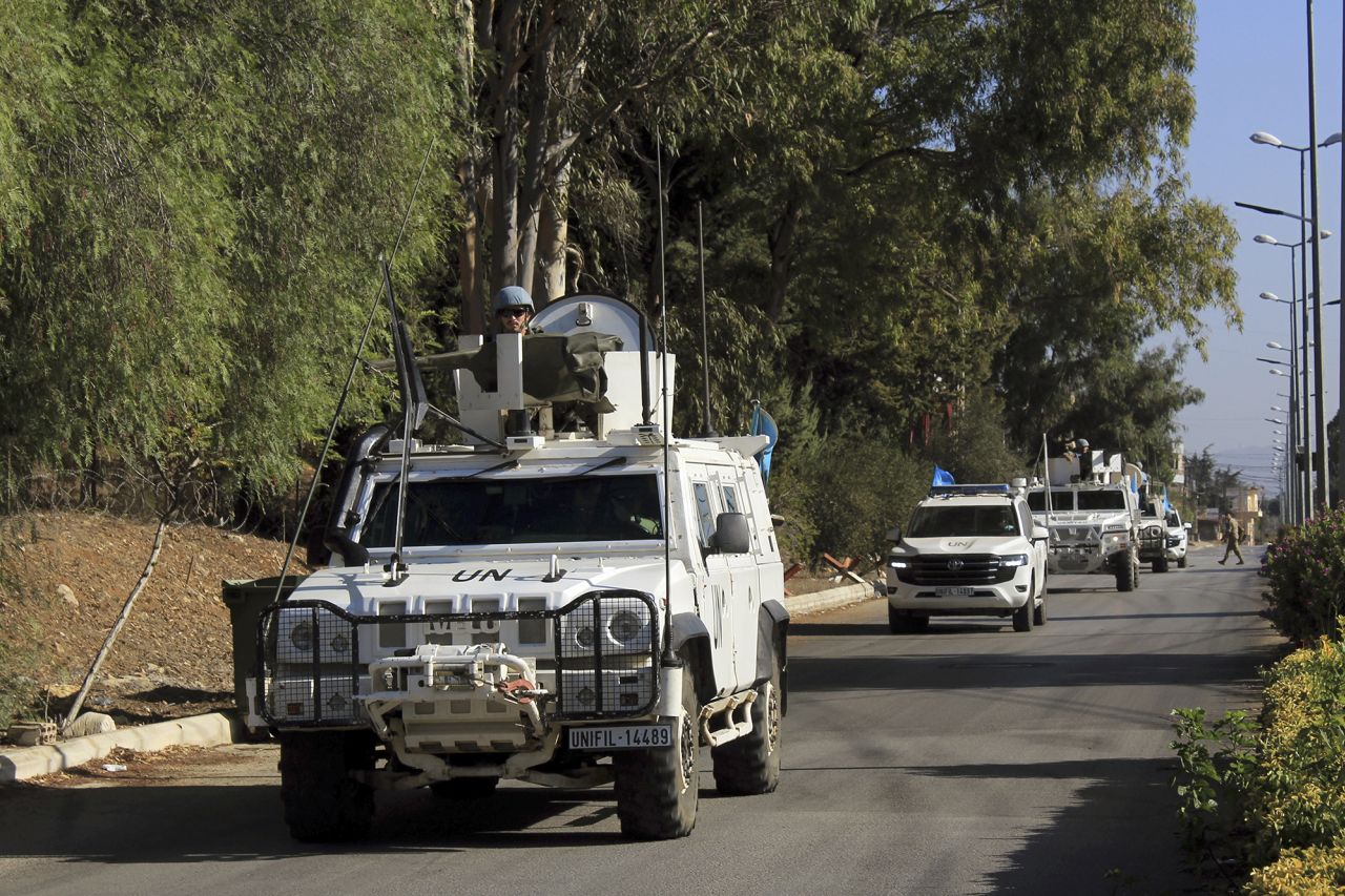 United Nations Interim Force In Lebanon (UNIFIL) peacekeeping forces from the Spanish contingent conduct an early morning patrol in the southern Lebanese village of Qliyaa on October 11.