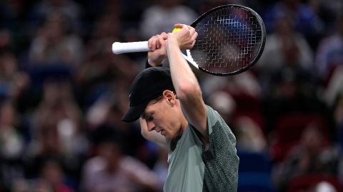 Jannik Sinner of Italy celebrates after defeating Novak Djokovic of Serbia during the men's singles finals match in the Shanghai Masters tennis tournament at Qizhong Forest Sports City Tennis Center in Shanghai, China, Sunday, Oct. 13, 2024.