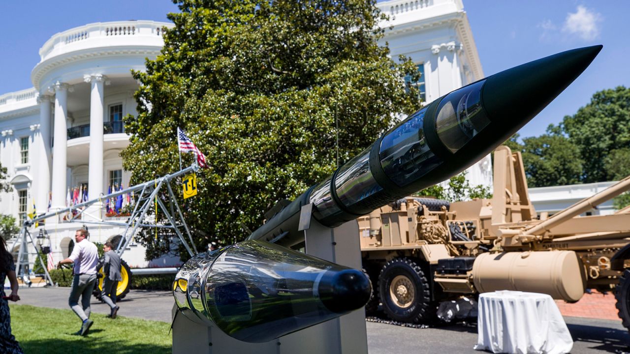 A Terminal High Altitude Area Defense (THAAD) anti-ballistic missile defense system is displayed during a Made in America showcase on the South Lawn of the White House, on July 15, 2019, in Washington.