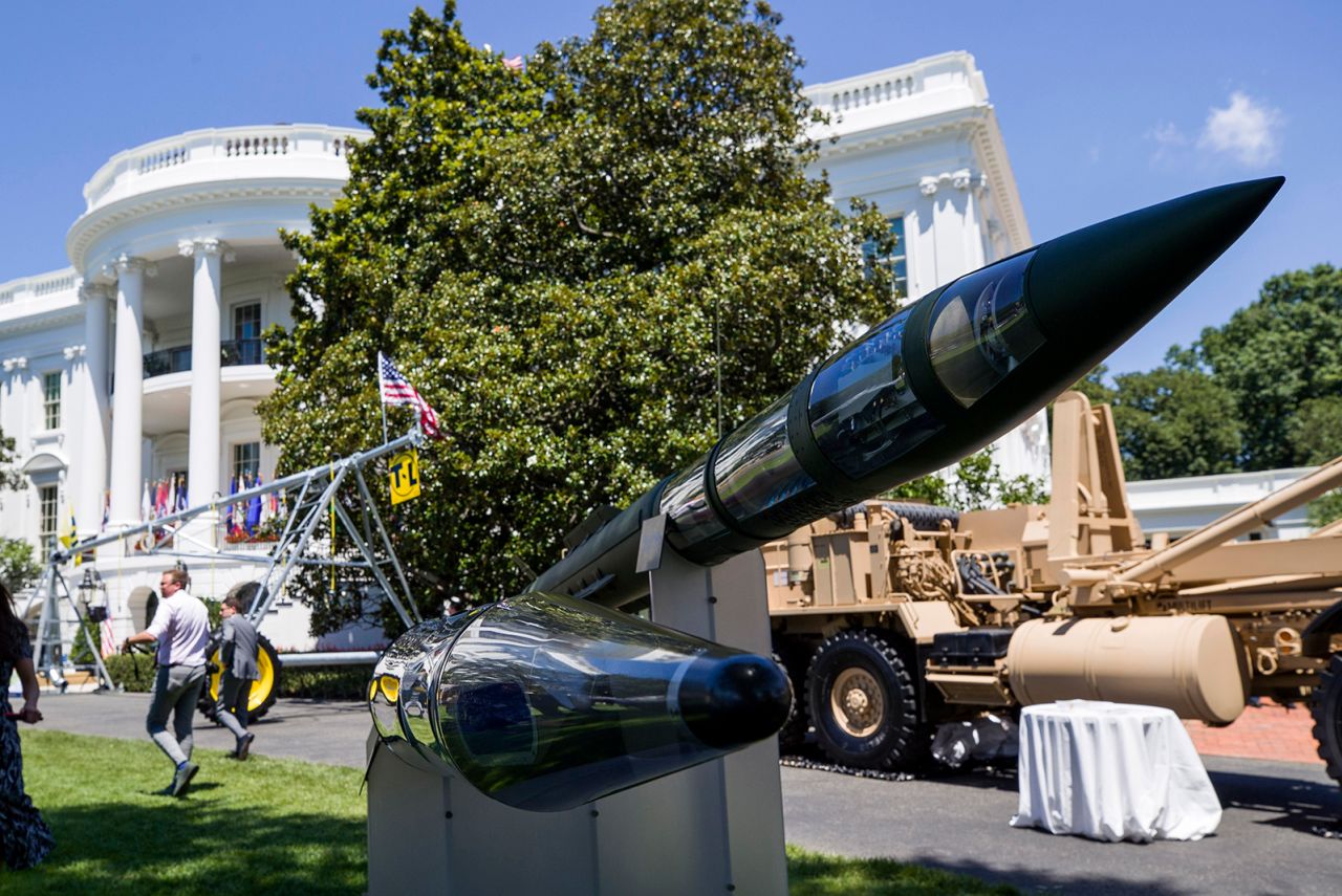 A Terminal High Altitude Area Defense (THAAD) anti-ballistic missile defense system is displayed during a Made in America showcase on the South Lawn of the White House, on July 15, 2019, in Washington.