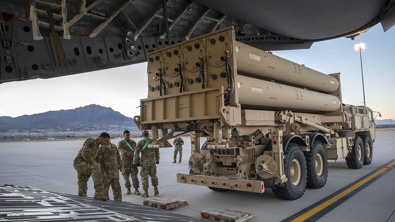 This image provided by the US Air Force shows the US Army Terminal High Altitude Area Defense (THAAD) launching station preparing to load at Fort Bliss, Texas, on February 23, 2019.