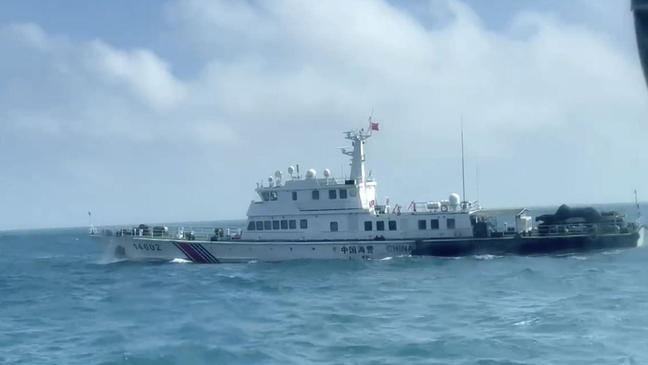 In this screen grab from video released by the Taiwan Coast Guard, a view of a China Coast Guard boat from a Taiwan Coast Guard boat as it passes near the coast of Matsu islands, Taiwan on Monday, Oct. 14, 2024. (Taiwan Coast Guard via AP)