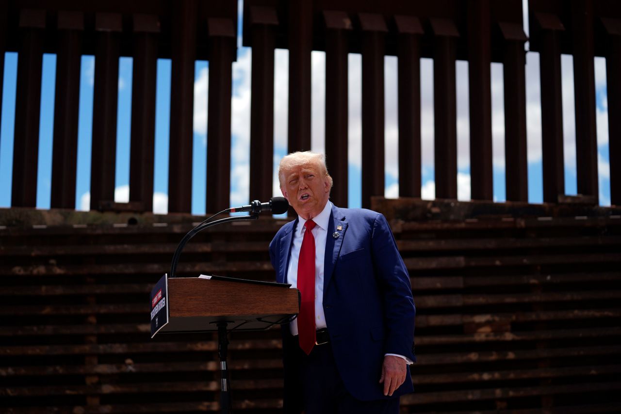 Donald Trump speaks along the southern border with Mexico, in Sierra Vista, Arizona, on August 22.