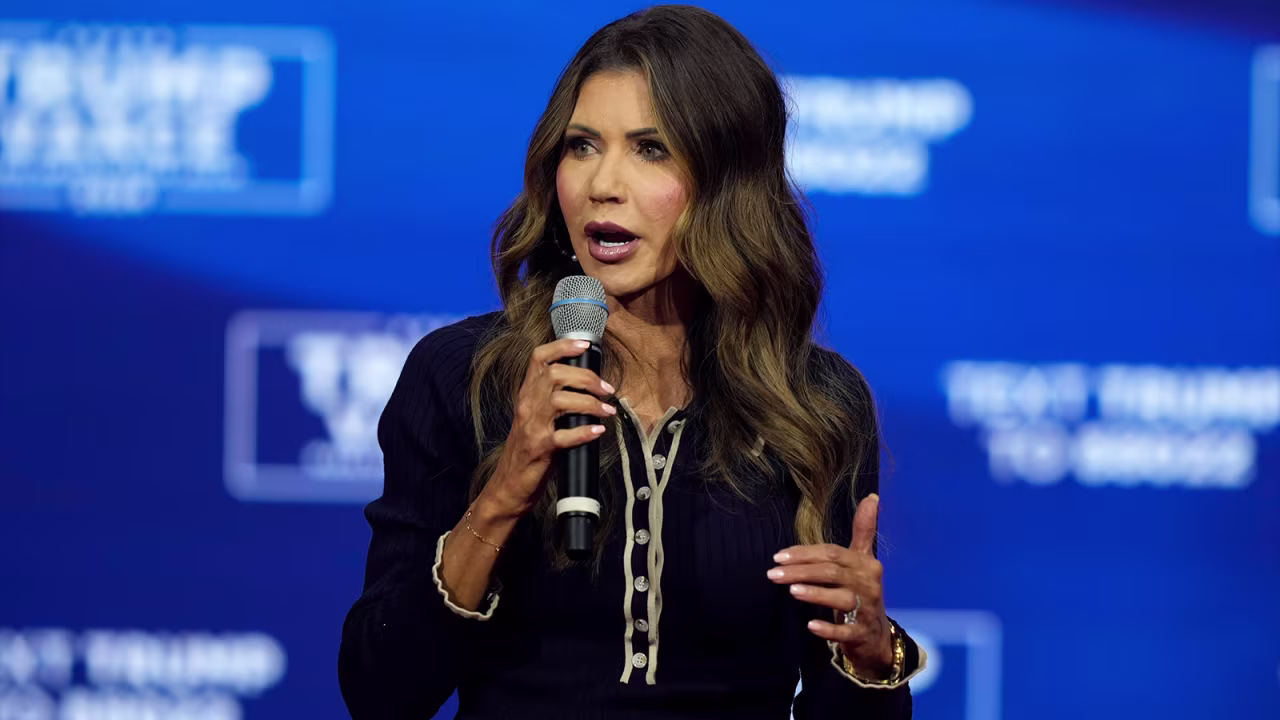 South Dakota Gov. Kristi Noem speaks before Republican presidential nominee former President Donald Trump at a campaign town hall, on October 14, 2024, in Oaks, Pennsylvania.