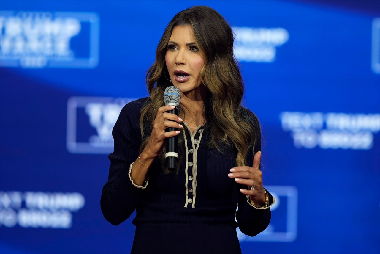 South Dakota Gov. Kristi Noem speaks before Republican presidential nominee former President Donald Trump at a campaign town hall, on October 14, 2024, in Oaks, Pennsylvania.