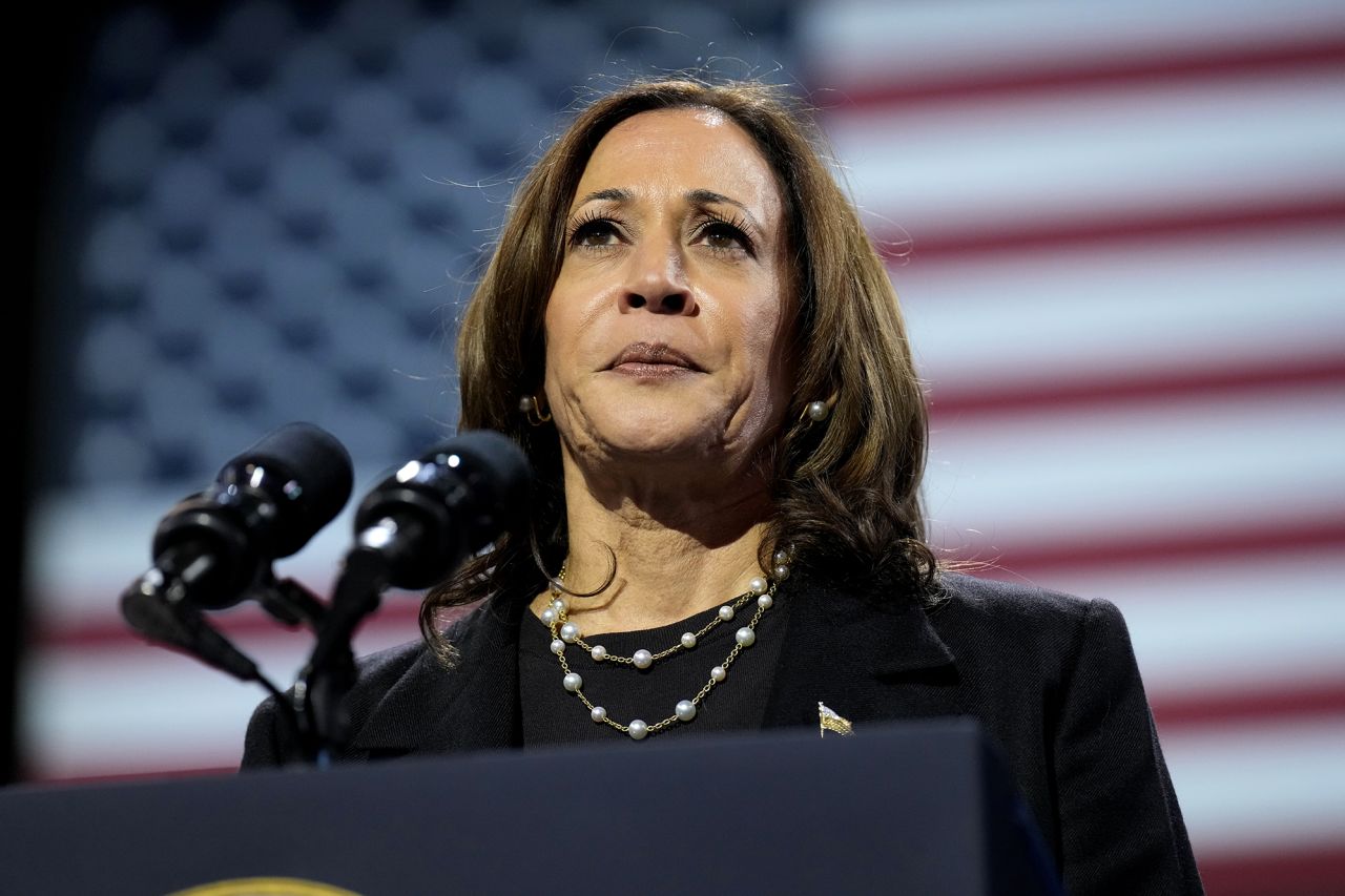 Vice President Kamala Harris speaks during a campaign rally at Erie Insurance Arena, in Erie, Pennsylvania, on October 14.