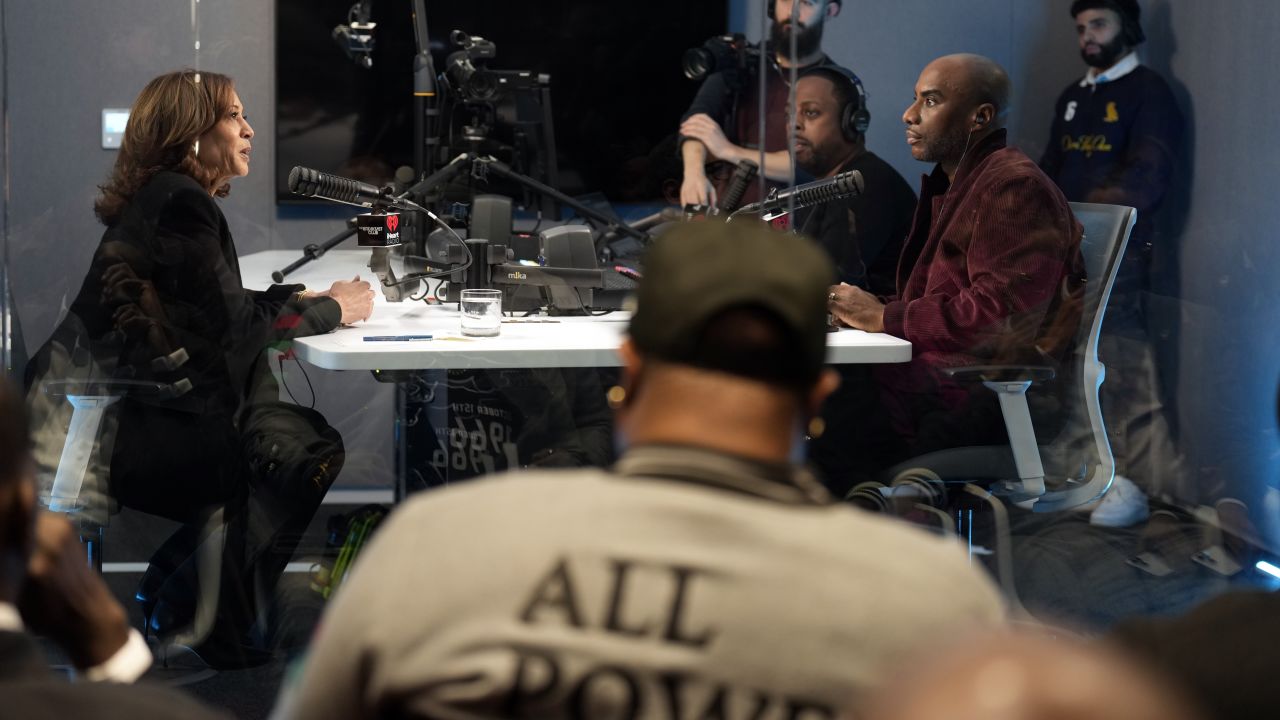 Vice President Kamala Harris participates in an interview with Charlamagne Tha God, co-host of iHeartMedia's morning show The Breakfast Club, in Detroit, Tuesday, October 15.